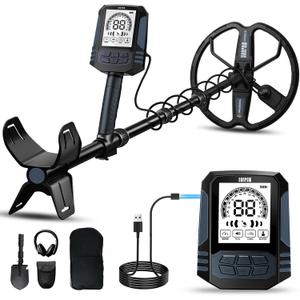 SUNPOW Rechargeable Metal Detector for Adults - 35H Battery All-Day Hunt - Waterproof Gold Detector with 10'' Deep Dual D-Coil, 4 Precision Modes for Beach & Yard, Adjustable Shaft  OTMD15 (Blue Black)