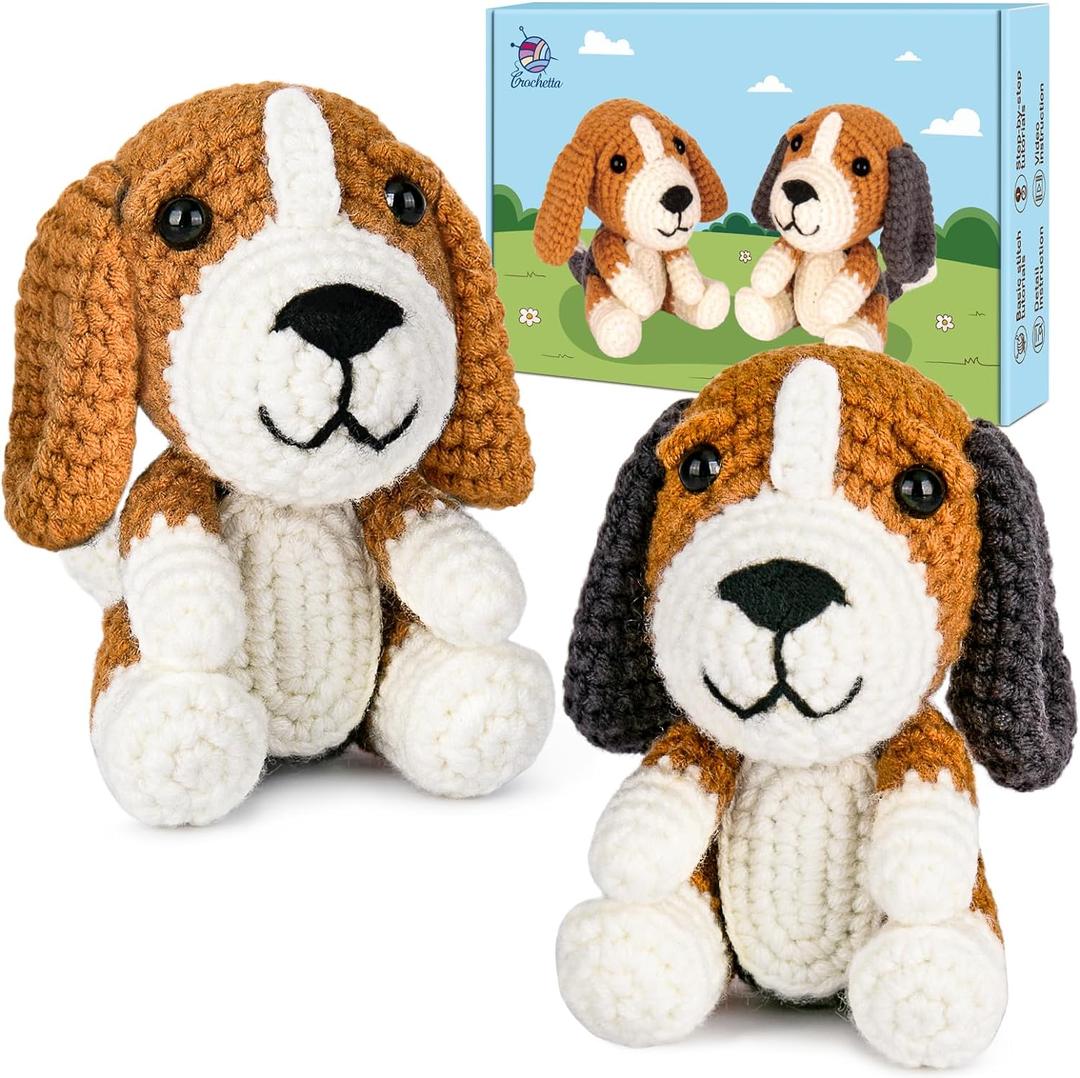 Crochetta Crochet Kit for Beginners, Beginner Crochet Kit for Adults with Step-by-Step Video Tutorials, DIY Crochet Animal Kits Knitting Supplies, 2 Pack Beagle Family (40%+ Yarn)