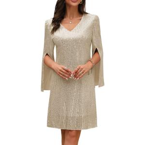 COOAN Wedding Guest Cocktail & Formal Dresses for Women - Lace Sequin Prom Evening Dress (Beige, M)