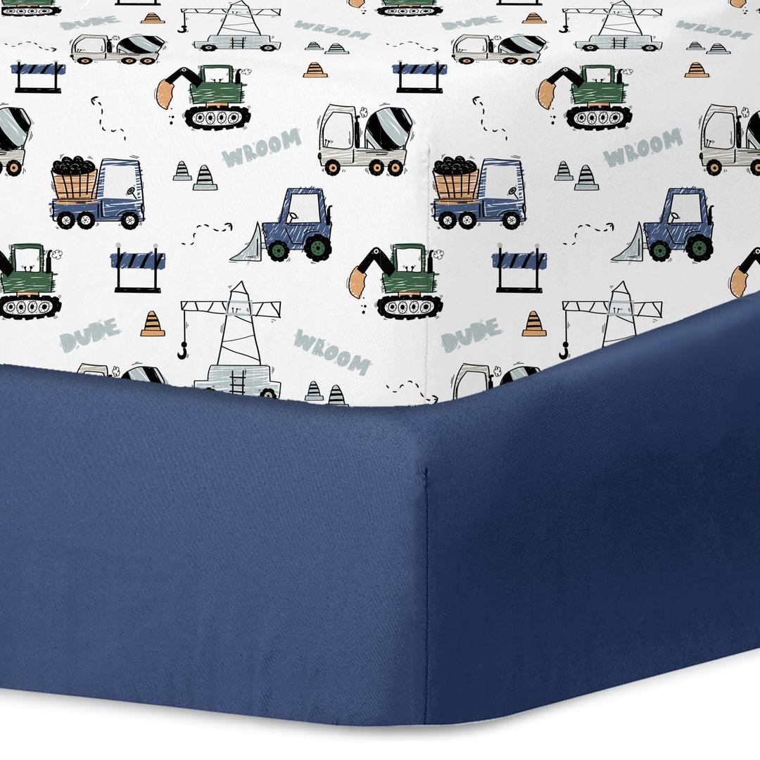 Little Grape Land Pack and Play Sheets Mini Crib Sheets Soft Breathable Pack N Play Sheets, Playard Fitted Sheet 2 Pack Stretchy Fits 38"x26" Playard Mattress, Navy Trucks