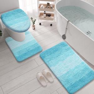 Arotive Microfiber Bathroom Rugs 3 Piece with Toilet Lid Cover, Shaggy Soft and Absorbent Bath Rug, Non-Slip, Machine Washable Bath Mats for Bathroom, 30x20+24x20+17.5x15, Sky Blue