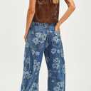 loveimgs Women Y2k Distressed Barrel Jeans Baggy Wide Leg Jeans Floral Printed Boyfriend Patchwork Denim Pants (Blue, XXL)