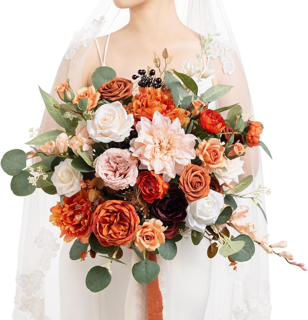 Ling's moment Terracotta Wedding Bouquets for Bride, Burnt Orange Bridal Bouquets for Bride, 15 Inch Free Form Artificial Wedding Flower Bouquet