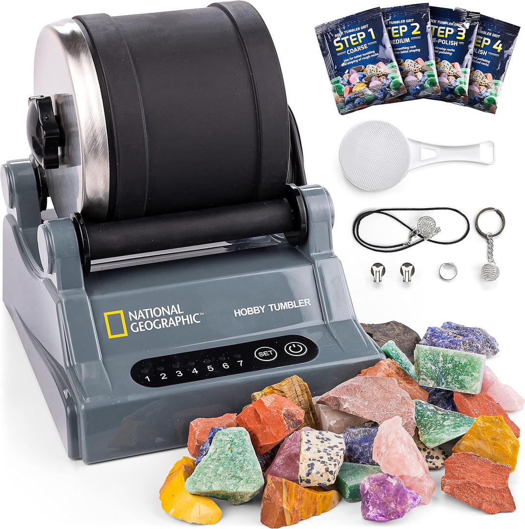 National Geographic Rock Tumbler Kit  Hobby Edition Includes Rough Gemstones, and 4 Polishing Grits, Great STEM Science Kit for Geology Enthusiasts, Rock Polisher for Kids and Adults