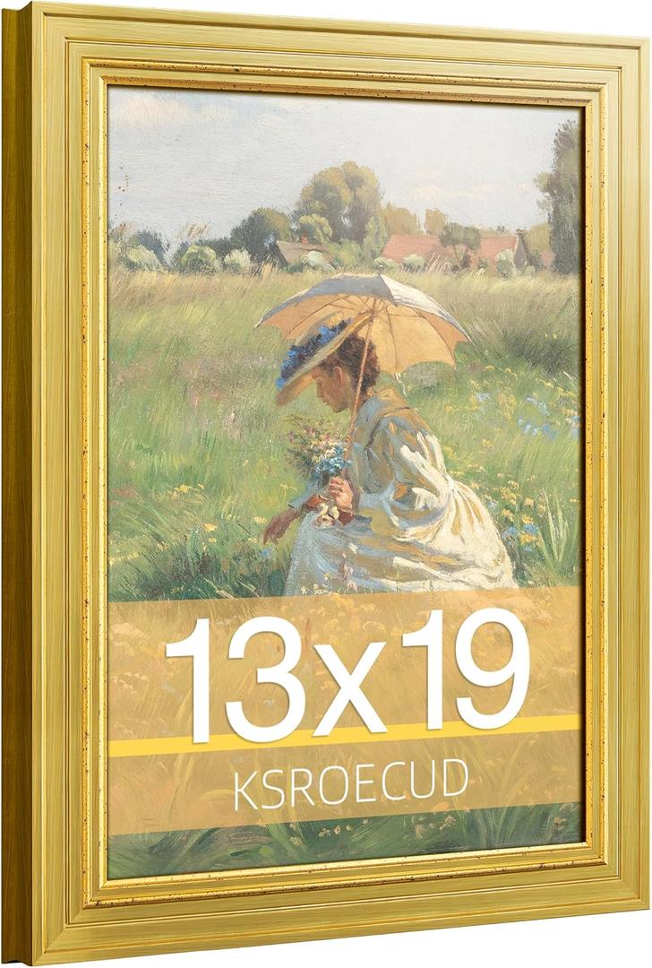 13x19 Wood Picture Frame, HD Real Glass 13x19 Ornate Natural Wooden Vintage Photo Frame, 13 by 19 Painting Poster Frame with Gold Border and Distressed Rust-Like Finish for Art, Tabletop or Wall Decor (1 Pack）