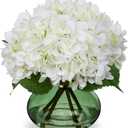 Hollyone White Hydrangeas Floral Arrangement in Glass Vase Artificial Flowers with Vase with Faux Water Silk Faux Flowers Fake Floral Bulk Bouquet for Home Decor Table Centerpiece Decorations