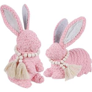 DR.DUDU 2 Pack Woven Bunny Easter Decor - Bunny Decorations for Home, Spring Rabbit Figurines for Shelf Table Centerpiece (Pink)