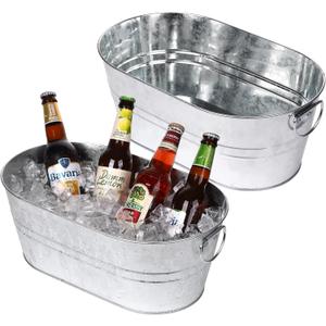 Galvanized Tub Beverage Tubs, 2pcs Metal Ice Buckets for Cocktail Bar 3 Gallon Wine Beer Drink Buckets with Handles Large Tub Cooler Mimosa Bar Supplies Ice Bucket for Parties 15x9x6inch(Galvanized)