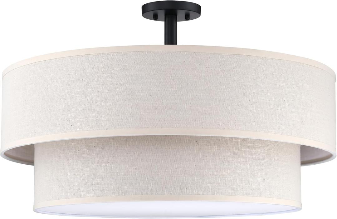 5 Light Semi Flush Mount,Close to Ceiling Light Fixture with Linen Fabric Shade Black Finish 24 inch Semi Flush Drum Light for Bedroom,Living Room,Dining Room Hallway