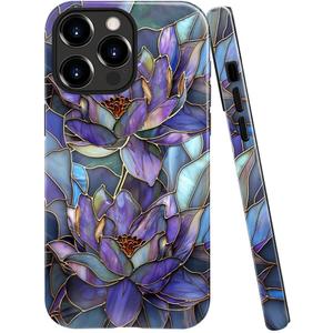 Case Compatible with iPhone 16 Pro,Fall Prevention Bright Hybrid 2-Layer Hard Shell Phone Case for Girls Boys,Purple Lotus Floral