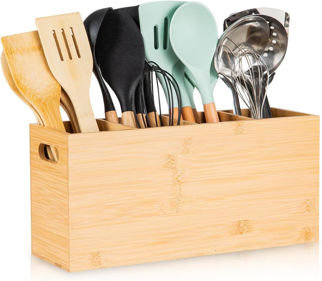Extra Large Bamboo Utensil Holder with 4 Compartments, Large Wooden Utensil Holder for Kitchen Counter