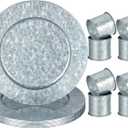 Charger Plates 13 Inches Chargers for Dinner Rustic Galvanized Charger Plates Napkin Ring Farmhouse Napkin Modern Rings for Dinning Table Decor, Simple, Silver(8 Sets)