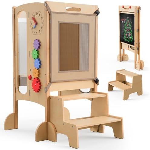 JUZBOT Toddler Tower Foldable Toddler Kitchen Stool Helper with 2 Step Stool, Safety Net, Adjustable Height, Chalk-Whiteboard& Montessori Activity