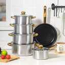 DW German Stainless Steel Cookware Set, 12-Piece Lightweight Pots & Pans with Nonstick Frying Pan, Milk Pot & Glass Lids for Everyday Cooking