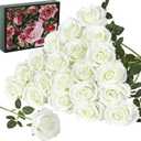 20PCS Artificial White Roses, 3.9'' Silk Flower Head Fake White Rose with Long Stems, Realistic Faux Roses Bouquet for DIY Wedding Home Party Office Decoration