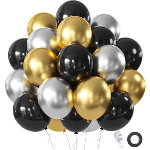 Black Gold Silver Balloons Set, 60 Pcs 12 Inch Metallic Chrome Gold Silver Balloon Black Silver Gold Balloons for Birthday Wedding Graduation New Year Party Decoration