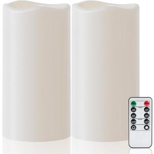 Amagic 2 Pack 8" x 4" Outdoor Plastic Electric flameless Candles with Remote Control and Timer, Battery Operated Flickering LED Pillar Fake Candle for Home, Wedding Decor, Ivory