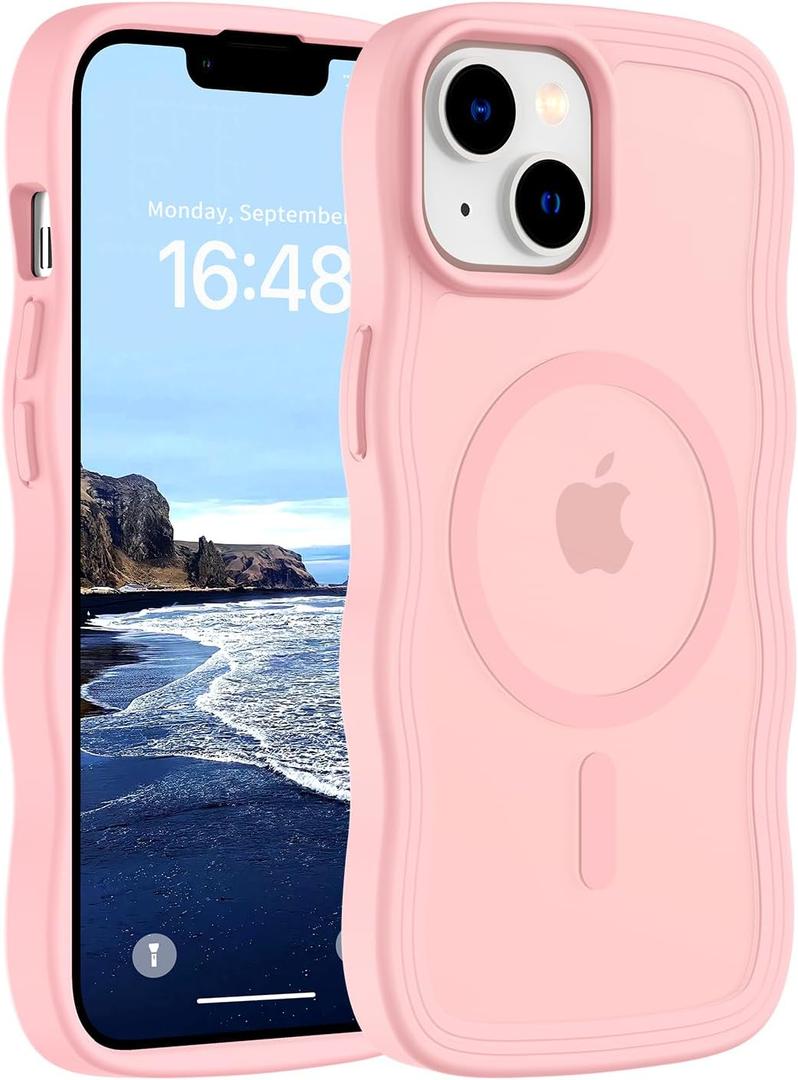 Hualele Magnetic for iPhone 13 & iPhone 14 Case, Compatible with MagSafe, Military Grade Dropproof Translucent Matte Back Cute Curly Wave Edge Slim Phone Case,Light Pink