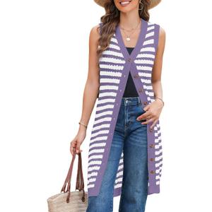 BLENCOT Women's V Neck Striped Fall Sweater Vest Causal Sleeveless Button Cardigan Midi Cover Up Tank Dresses (White, S)