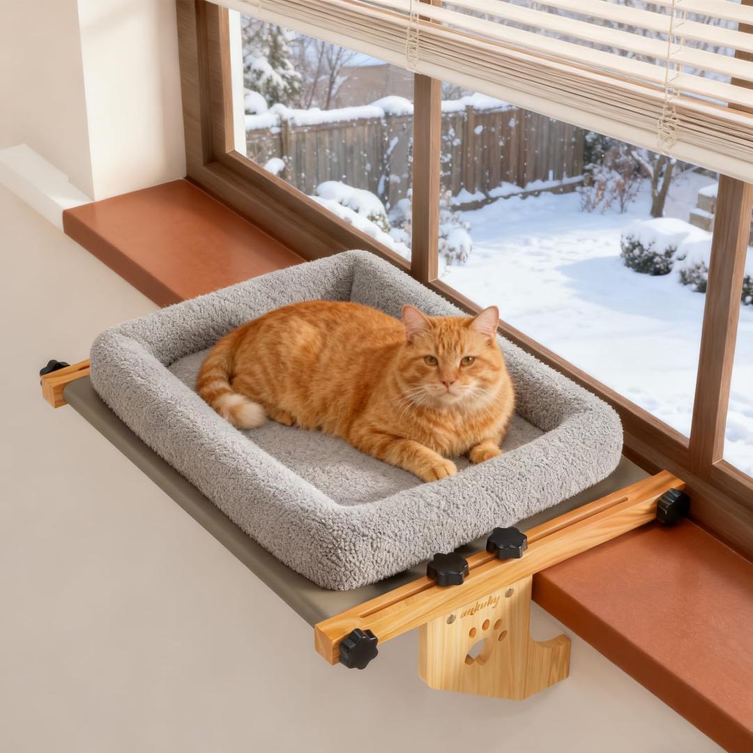 Cat Window Perch - No Drilling Renter-Safe, Adjustable Sill Fit with Sturdy Wood- Metal Frame, Washable Non-Slip Bed, Easy Assembly for Indoor Cats - Ideal for Small Spaces & Multi-Cat Homes(Gray,L)