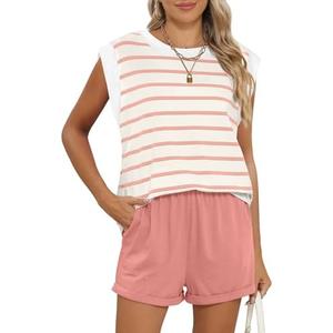 RUBZOOF 2 Piece Outfits for Women Lightweight Matching Lounge Sets Cap Sleeve Top and Elastic Waisted Shorts, Size Small