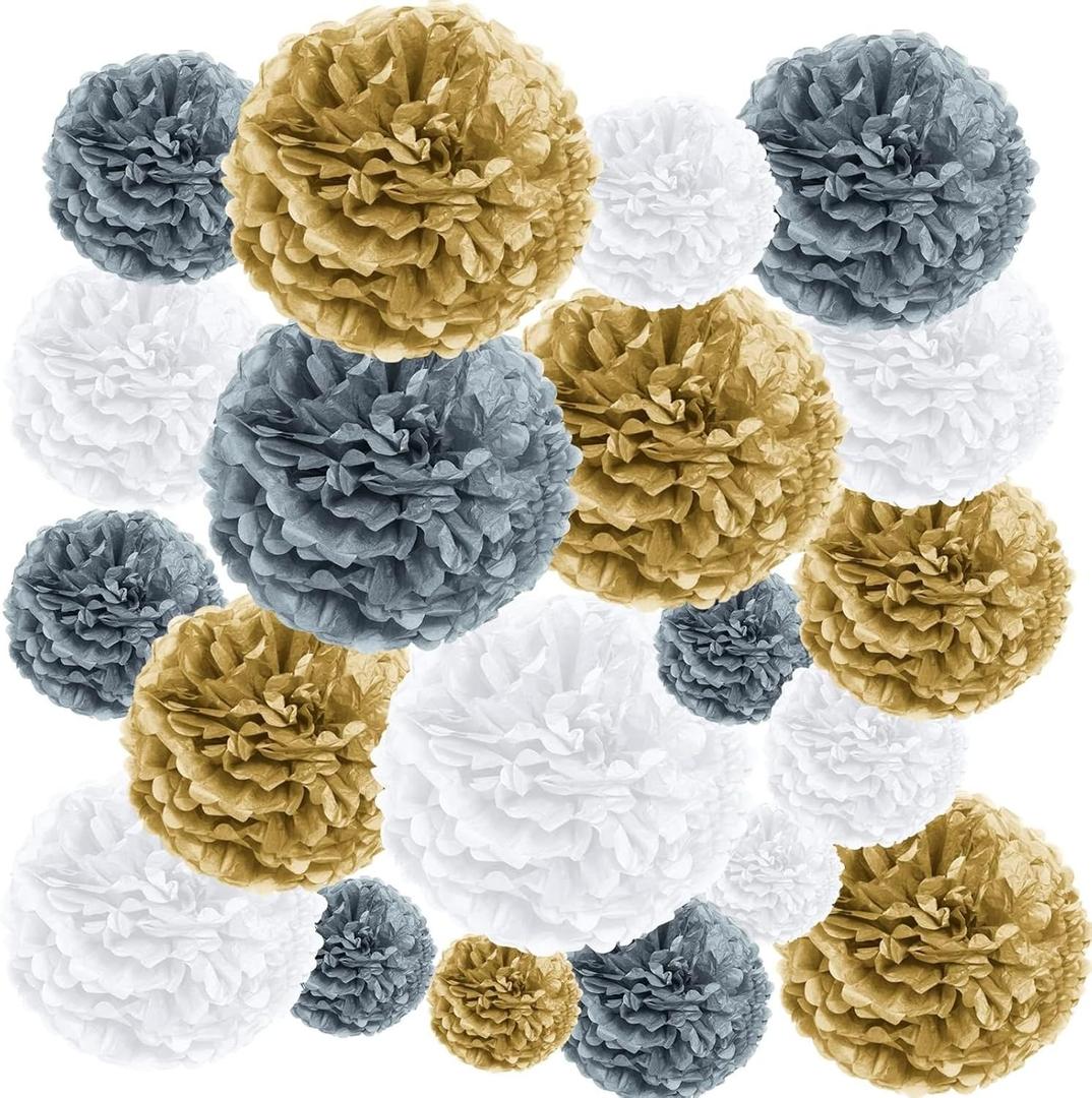 EpiqueOne 20-Piece Tissue Paper Pom Poms Party Decoration Kit - Gold, Silver & White | Different Sizes - 6", 8", 10", 12" & 14" | Ideal for Birthdays, Bridal or Baby Showers, Graduation & More