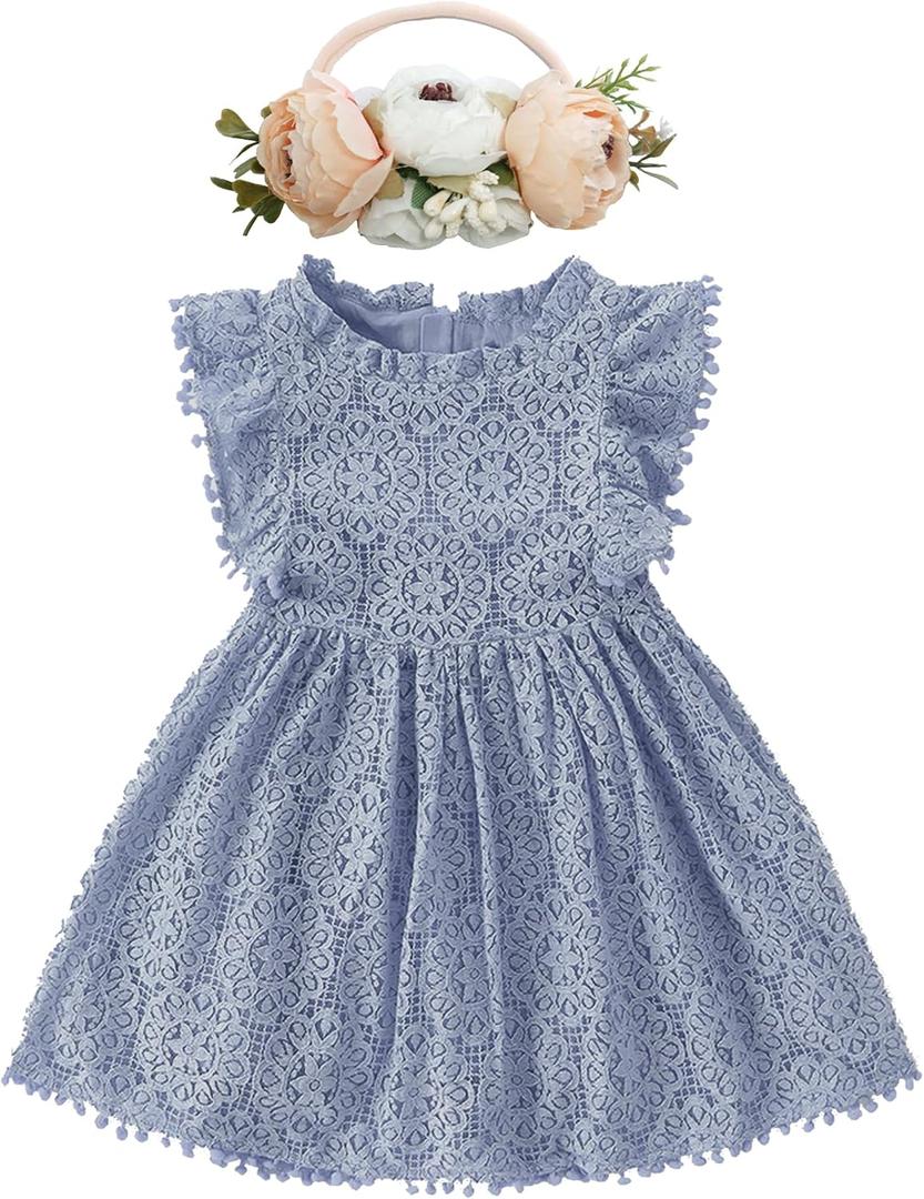 BGFKS Baby Girl Tutu Dress Elegant Lace Pom Pom Flutter Sleeve with Flower Headband Set (6 Months, Dusty Blue)