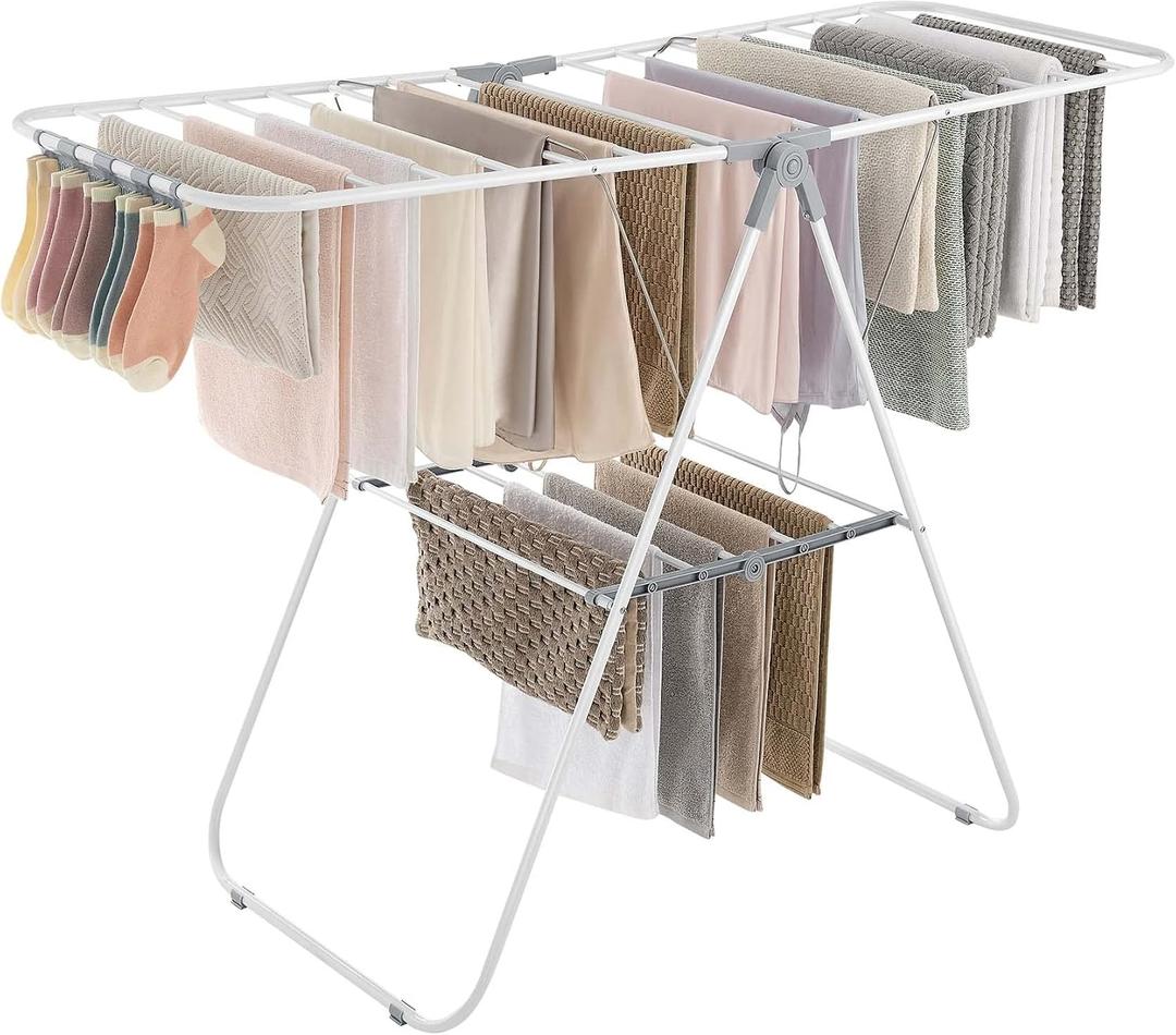 SONGMICS Clothes Drying Rack, with Sock Clips, Metal Laundry Rack, Foldable, Space-Saving, Free-Standing Airer, with 2 Height-Adjustable Gullwings, Indoor Outdoor Use, White and Gray ULLR052W02, 21.7"D x 58.3"W x 39.4"