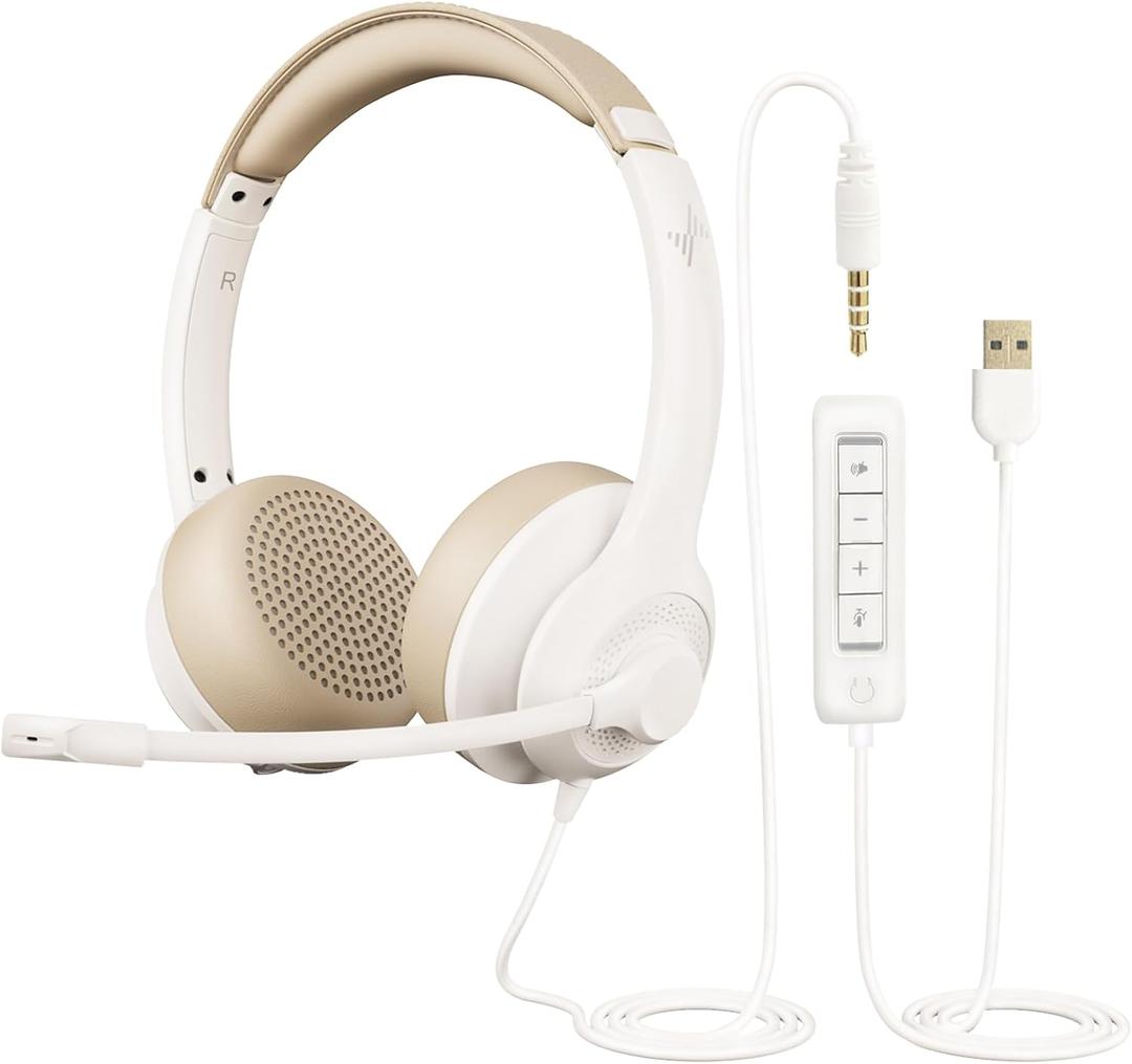USB Headset with Microphone for PC, On-Ear Computer Laptop Headphones with Noise Cancelling Mic in-line Control for Home Office Online Class Zoom (USB+3.5mm, White)