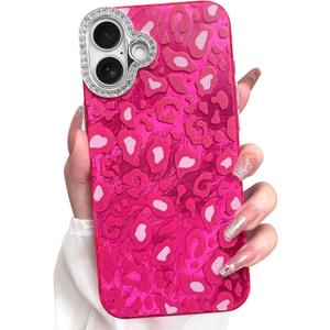 KANGHAR Case for iPhone 15 Plus Leopard Printed Pattern Cute Cheetah Phone Case Clear Bumper Hard Back Shockproof Protective Diamond Glittter Camera Lens Cover for iPhone 15 Plus Hot Pink