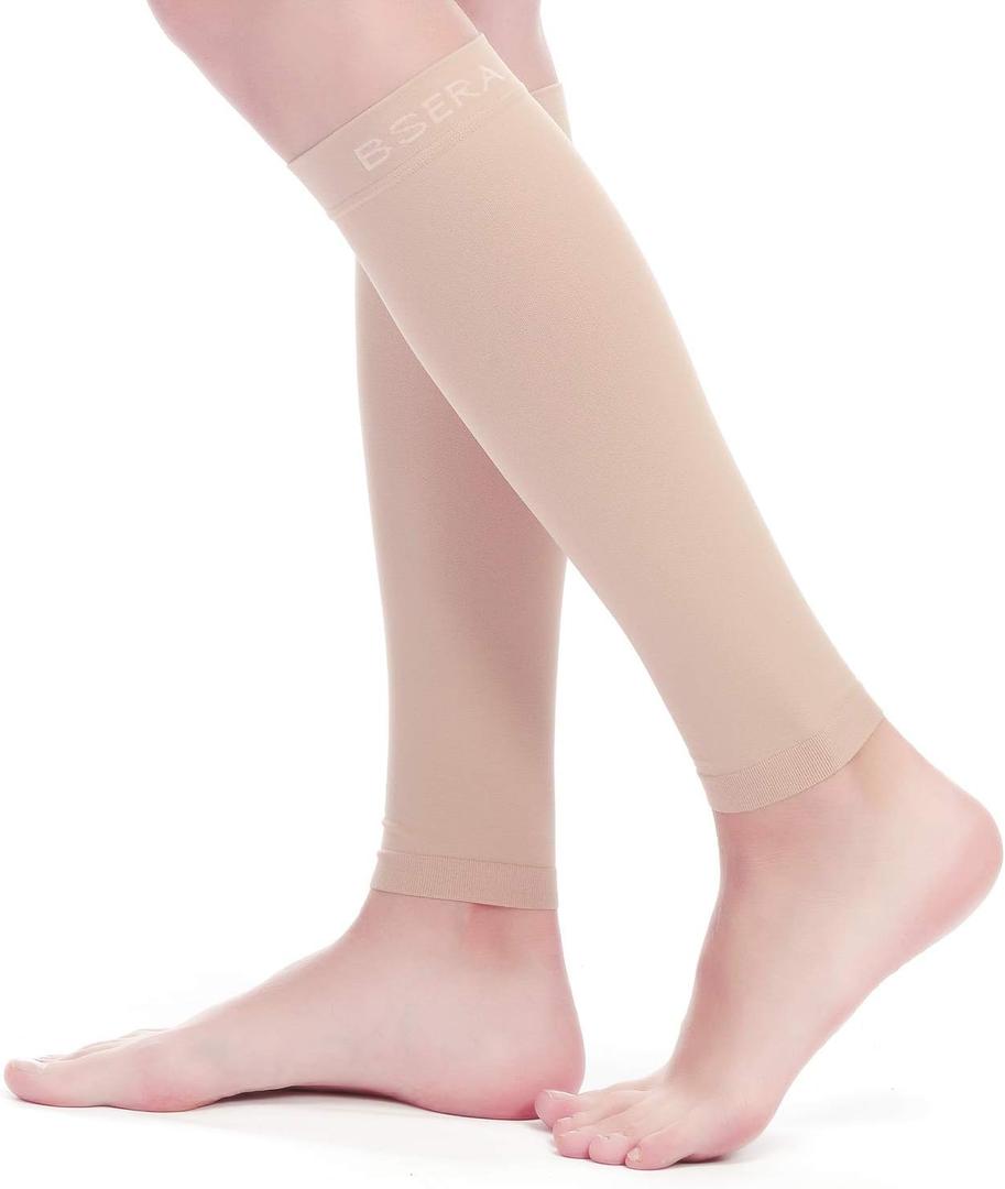 BSERA Calf Compression Sleeve Women, 2 Pairs 15-20mmHg Calf Support Footless Compression Socks Stockings for Shin Splints, Varicose Veins, Recovery (Nude/Skin, Large)
