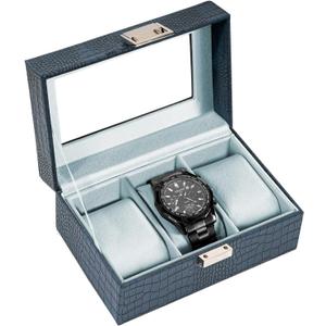 ProCase Watch Box for Men, 3 Slot Mens Watch Case, Watch Storage Watch Holder Organizer for Men, Watch Display Case With Glass Lid -3 Slot, CrocCobaltBlue