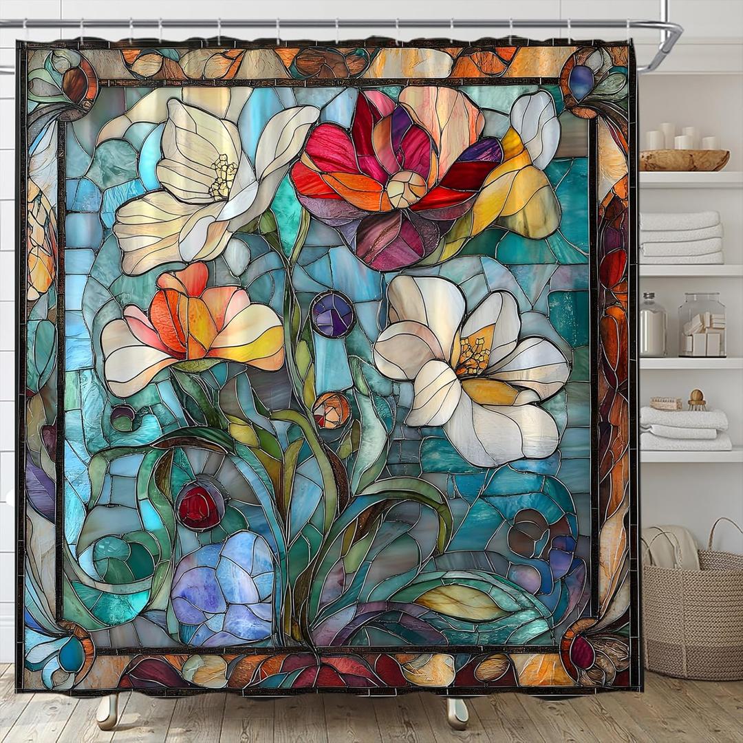 Abstract Stained Glass Shower Curtain Artistic Iris Floral Leaves Botanical Spring Summer Fabric Bathroom Decor Set,70x70 inch (Blue Green)