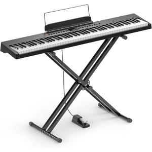 Donner DEP-05 Digital Piano 88 Key Semi Weighted Velocity-Sensitive Keyboard, Portable Electric Piano Keyboard Set with Detachable X-shaped Stand Pedal Stickers, Gifts for Beginners Women Girls, Black, Compact