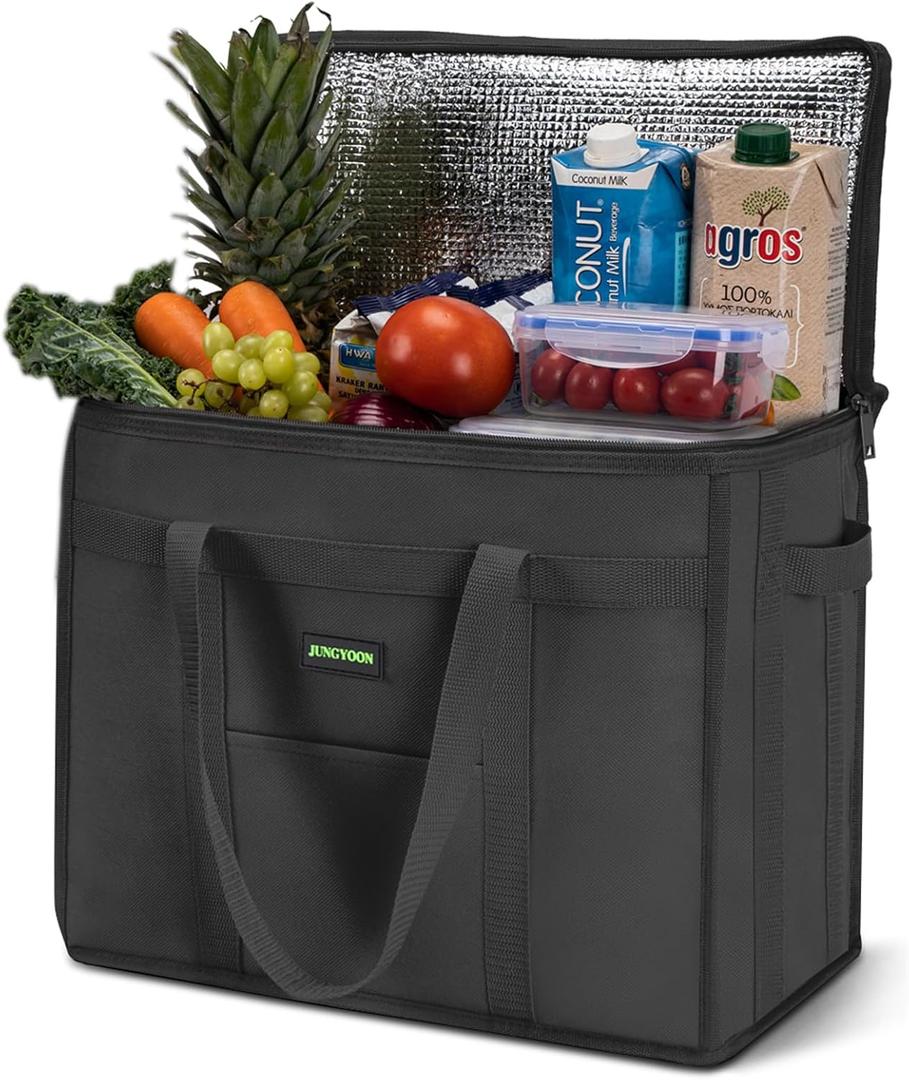 JUNGYOON Heavy-Duty Insulated Grocery Bags & Insulated Bag  Collapsible Cooler Bag with Zippered Top (15''x10''x10'', 1 Pack-Black-25L)