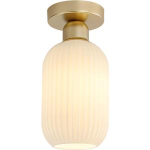 KCO Milk Glass Flush Mount Ceiling Light Mini Ribbed White Glass Mid Century Modern Semi Flush Mount Brass Bathroom Ceiling Light 11.4" x 5.5" x 4.7" Gold & White