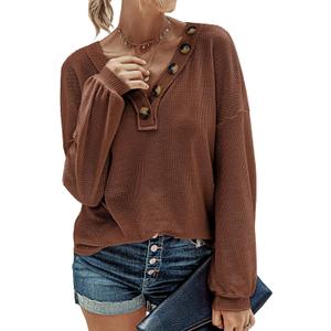 BTFBM Women Long Sleeve Shirts Spring Fall 2025 V Neck Loose Casual Blouse Deco Button Lightweight Waffle Knit Pullover (Large, Brown)