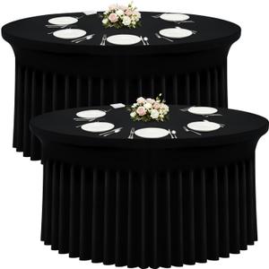 Moosfor Spandex Fitted 72 inch Round Tablecloth 2 Pack, Elastic Stretch Wrinkle Resistant 6FT Table Skirt, Washable Reusable Table Cover for Wedding, Banquet, Party Events, Black