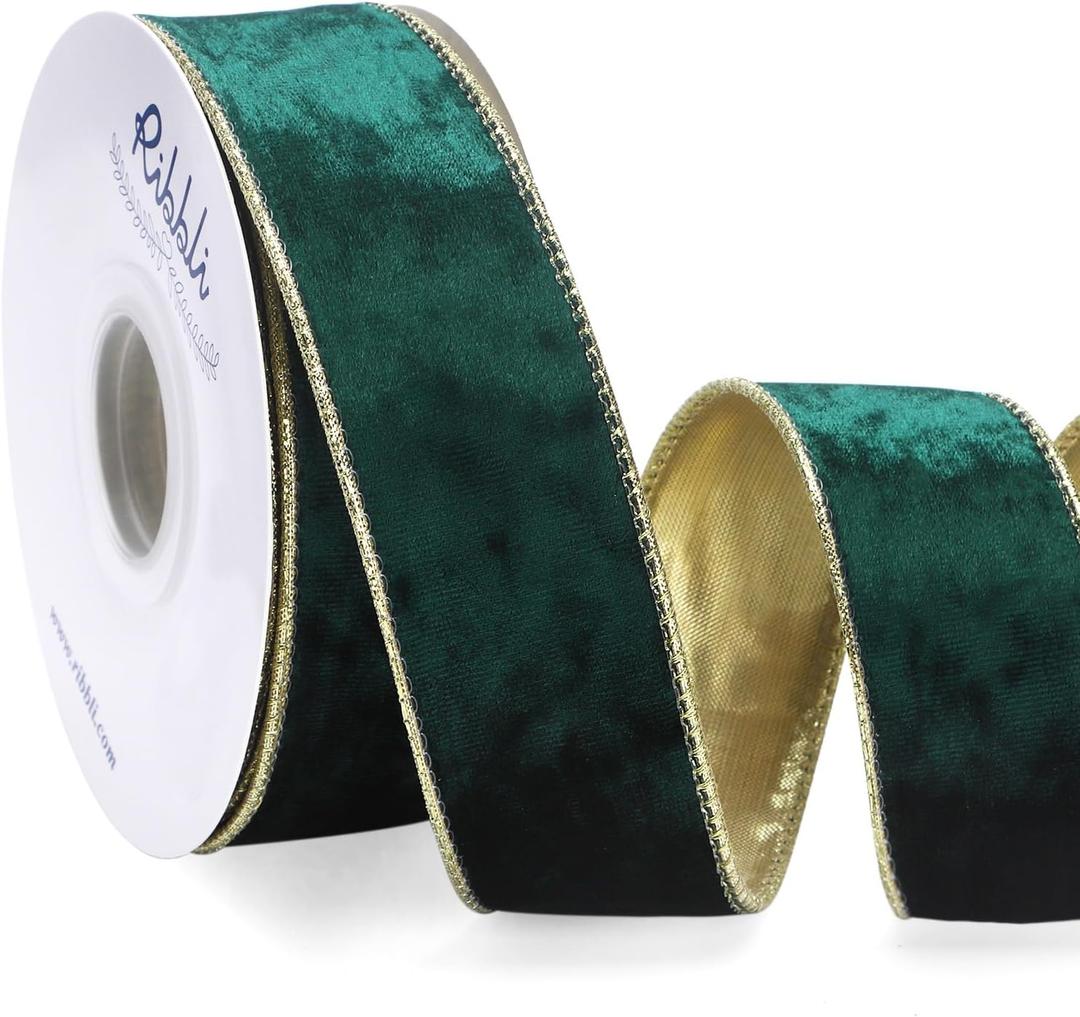 Ribbli Forest Green Velvet Wired Ribbon 1.5 Inch Metallic Green Gold Crushed Velvet Christmas Ribbon for Gift Wrapping Christmas Tree Decoration Crafts Wreaths Supplies-Continuous 10 Yards
