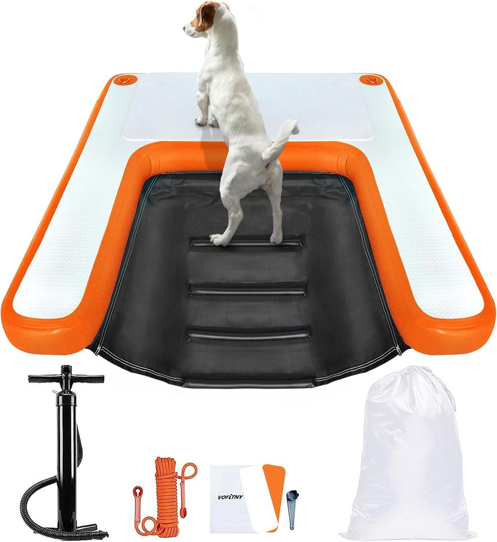 VOFiTNY Dog Docks Water Ramp Inflatable Pup Pool Step Protable Floating Plank No-Slip Puppy Boat Ladder Raft for Lake (4ft x 3.3ft x 4in, Orange)