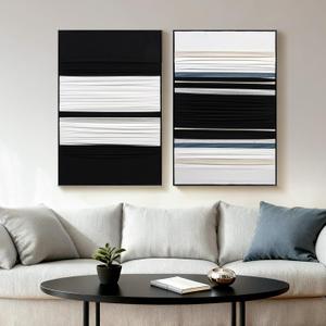 Textured Abstract Fabric Wall Art 3D Canvas Black and White Decor - Dimensional Minimalist Drape Modern Contemporary Living Room Bedroom Office Decor, Framed Set of 2-24"x36" Each - Ready to Hang