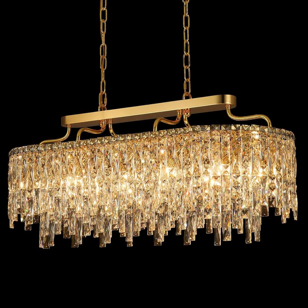 12-Lights Modern Gold Crystal Chandeliers for Dining Room Light Fixtures Over Table | L36" Luxury Crystal Chandeliers for Kitchen Island | Oval Hanging Lighting for Living Room Bedroom Bathroom