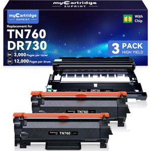 Compatible TN760 Toner Cartridge and DR730 Drum Unit Replacement for Brother TN 760 TN-760 TN730 DR-730 to use with MFC-L2710DW MFC-L2750DW HL-L2370DW Printer (2 Toners 1 Drum, 3 Pack)
