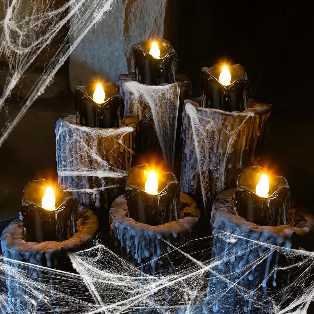 24Pcs Halloween Decorations Indoor Candles Black Tea Lights: Led Flameless Tealight Battery Operated Table Decor with Spider Webs (No Timer & Remote)