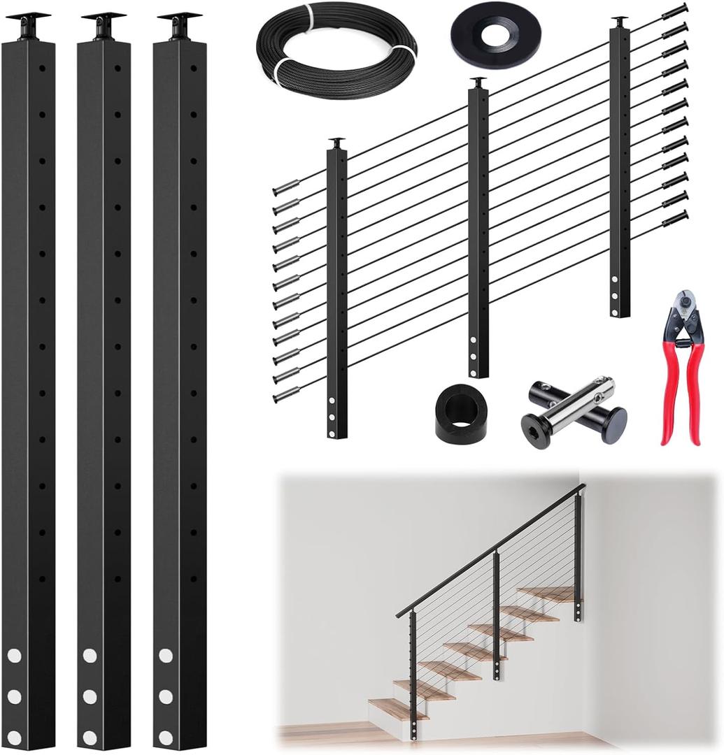 Muzata 10-15FT Modular Black Side Mount Cable Railing Kit 42 Inch 3 Stair Post Kit Complete Set Cable Railing System for Stairs Length Adjustable with Paper User Guide (No Handrail) RWF1 BA4L