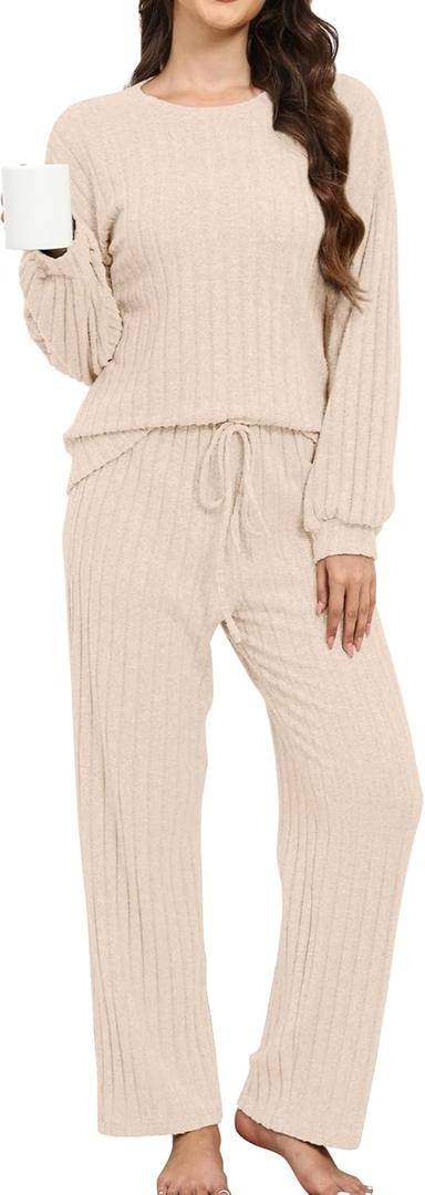 Pajamas for Women Set 2 Piece Lounge Sets Ribbed Knit Long Sleeve Tops Pants Soft Sleep Wear Pj Sets (Medium, Khaki)