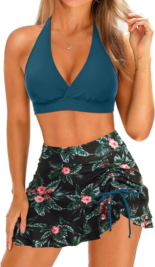 Yonique Womens High Waisted Bikini with Skirt Two Piece Swimsuit with Tummy Control Halter Bathing Suit (Large, Teal and Floral)
