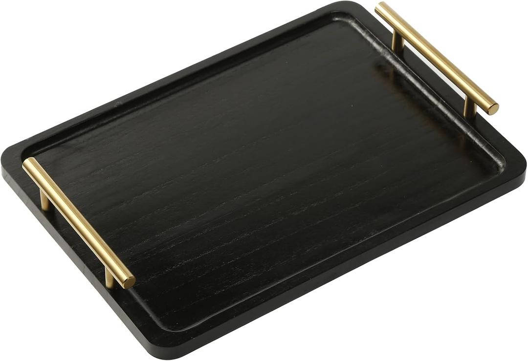 PEKER Wooden Serving Tray with Metal Handles, Black Decorative Coffee Table Tray for Breakfast in Bed, Ottoman & Home Dcor, Wooden Food Tray for Kitchen, Living Room & Dining Table