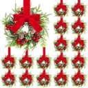 Dingion 18 Pcs Mini Christmas Kitchen Cabinet Wreath Small Christmas Wreath Decorations Norfolk Pine Artificial Berries Snowy Pine Garland with Red Ribbon for Xmas Table Centerpiece Front Door Decor