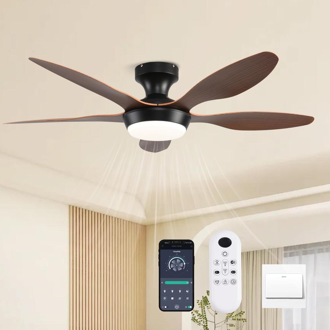 Ceiling Fans with Lights, 46 Inch Low Profile Ceiling Fan with Light and Remote Control, Flush Mount 6 Speeds Reversible Ceiling Fan, Dimmable Noiseless Ceiling Fans for Bedroom, Brown